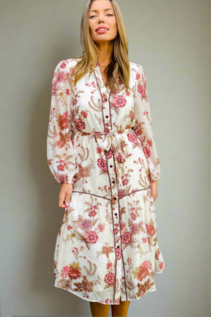 Abigail Midi Print Dress in Off White and Claret.