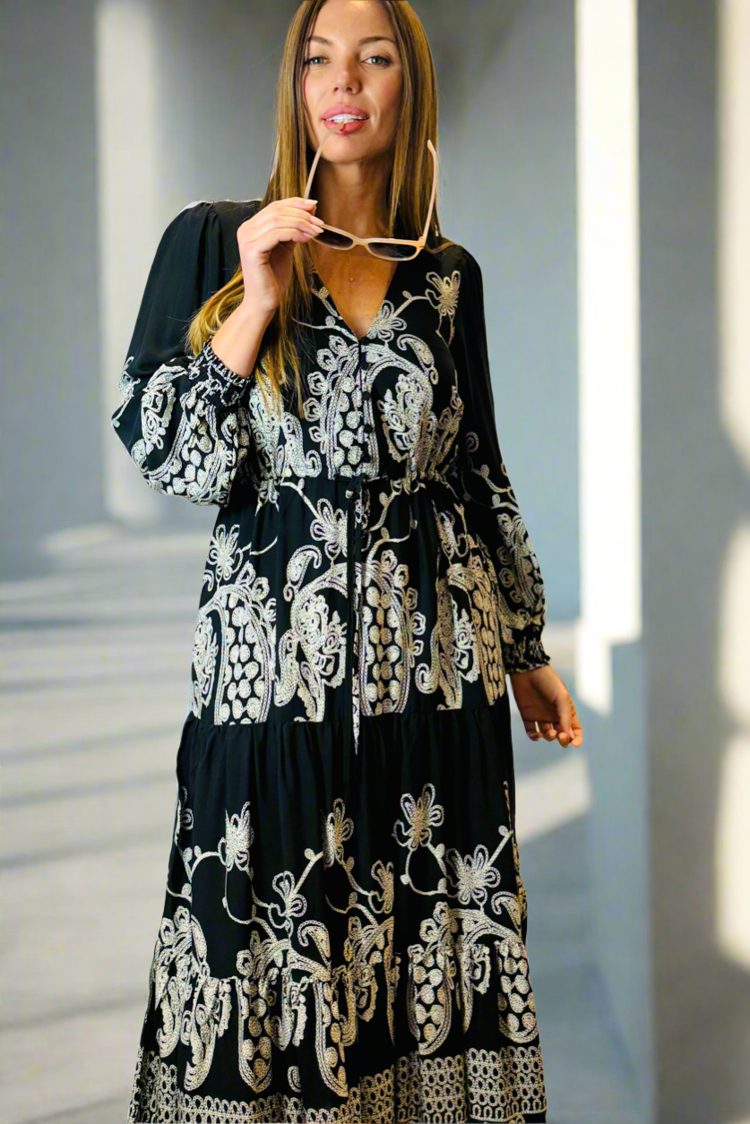 Davina Midi Dress in Black and White Print