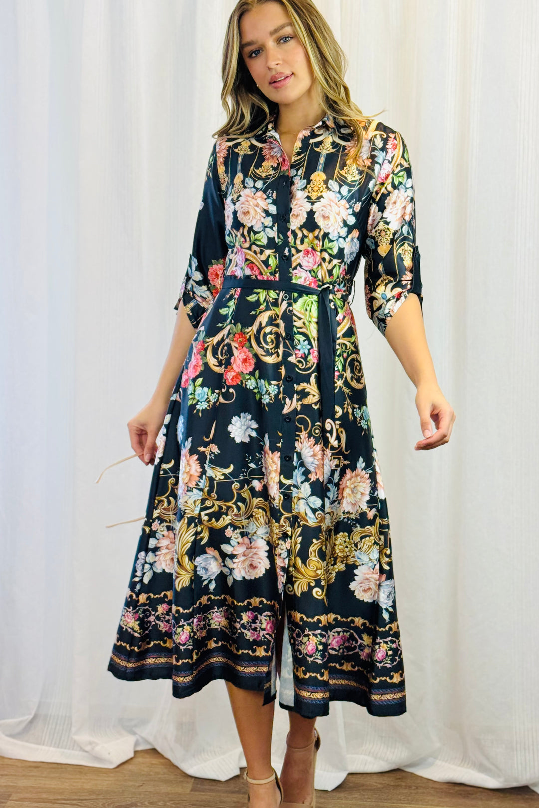 Mileaka Dress in Black With Floral Multi Print.