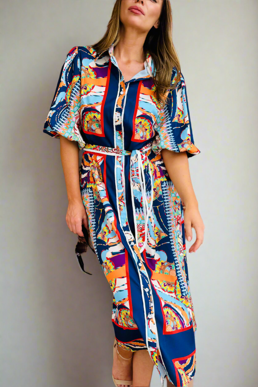 Jasmine Shirt Style Maxi Dress in Multicolour Print