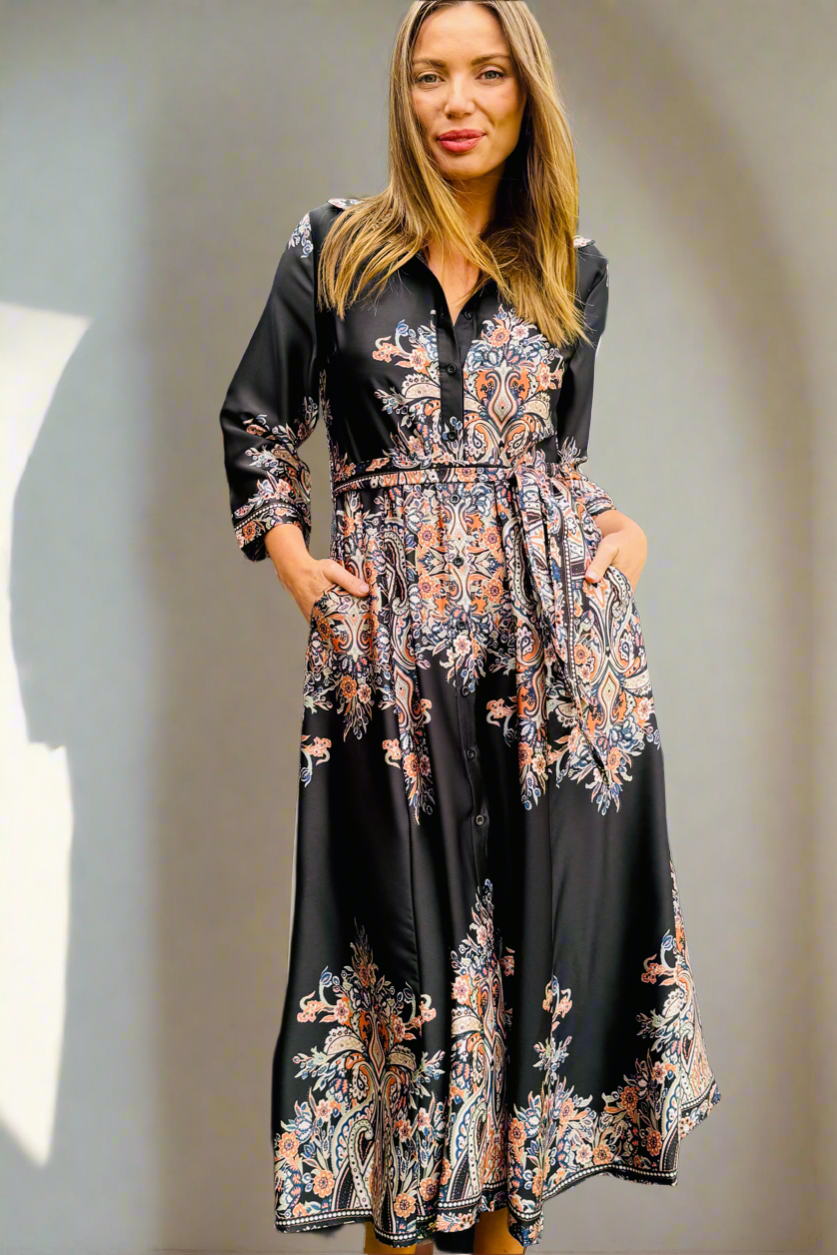 Madeline  Shirt Dress In Black Multi Print-New Arrival