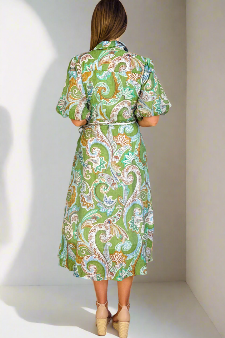 Leah Paisley Dress in Green Print