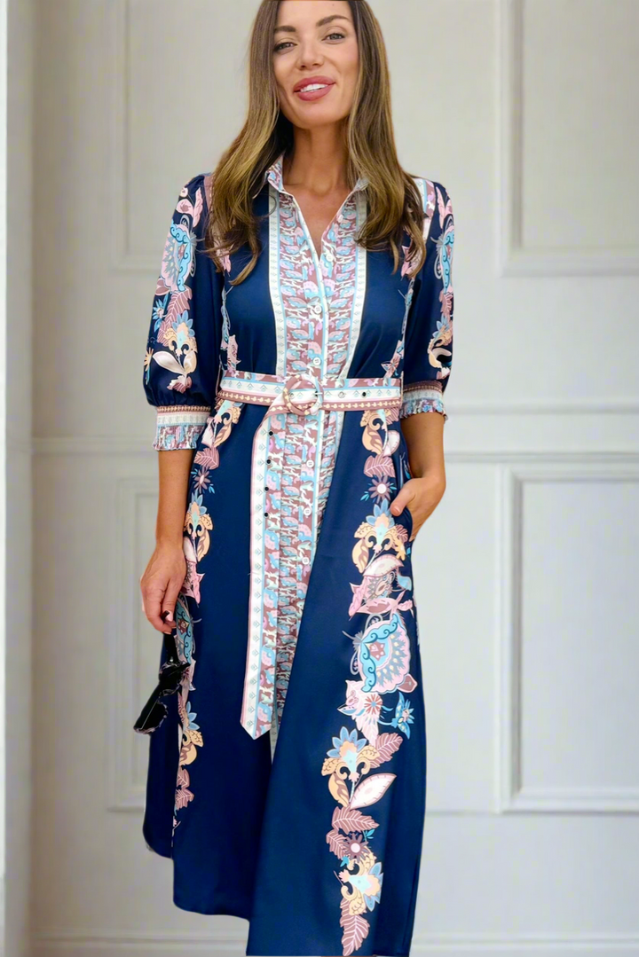 Claudine Midi Print Dress in Navy Print