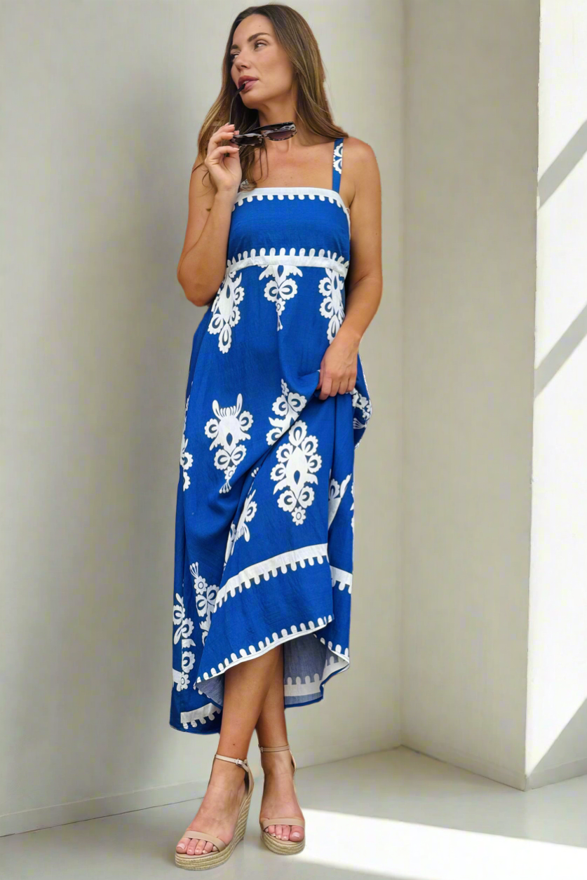 Positano Embroidery Print Maxi Dress in Blue
