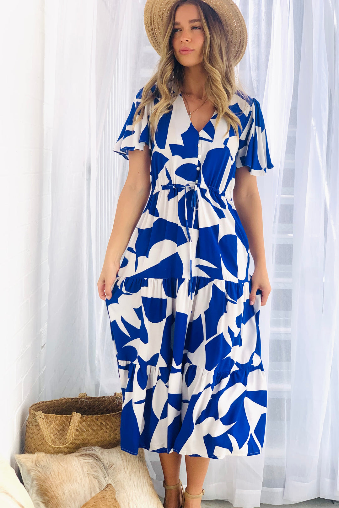 Santorini Midi Dress in Blue and White Print