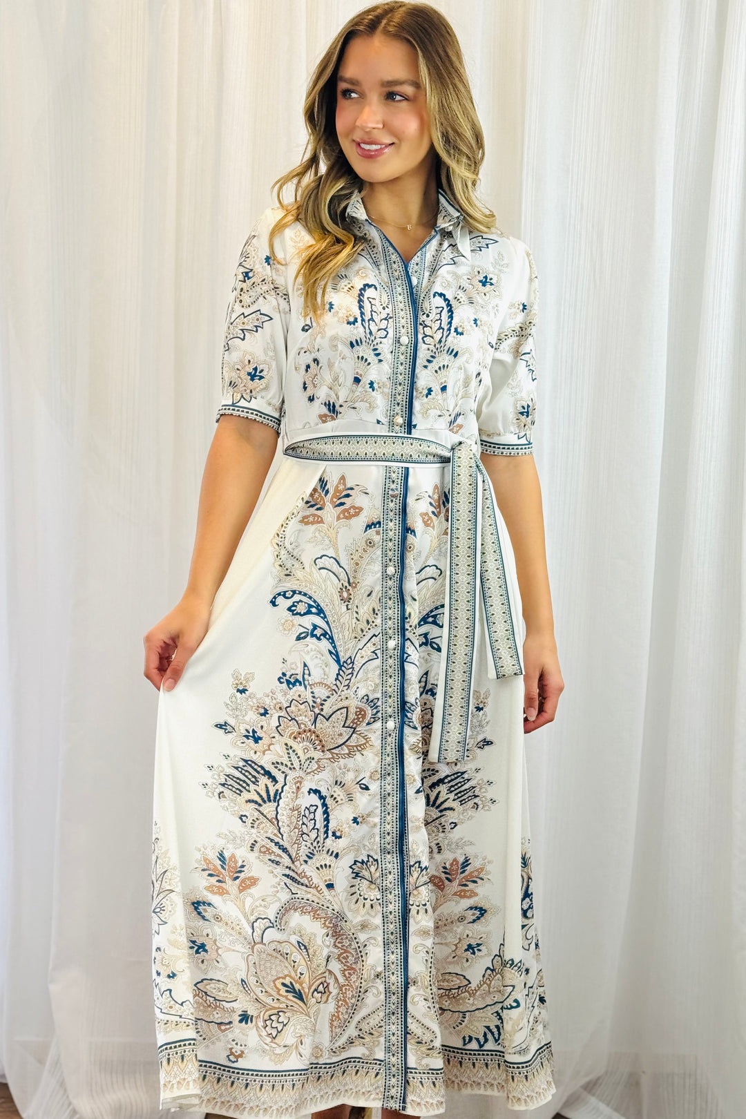 Lopez Embroidered Print Dress  in White