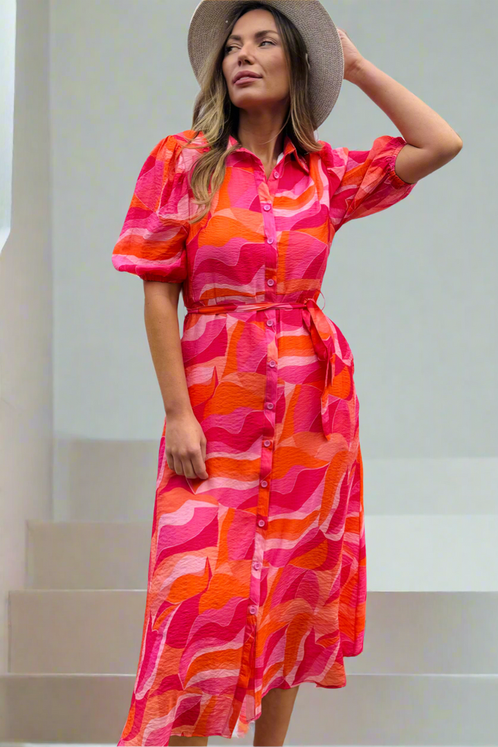 Fallon Shirt Dress In Pink and Orange Multi Print-Coming Soon