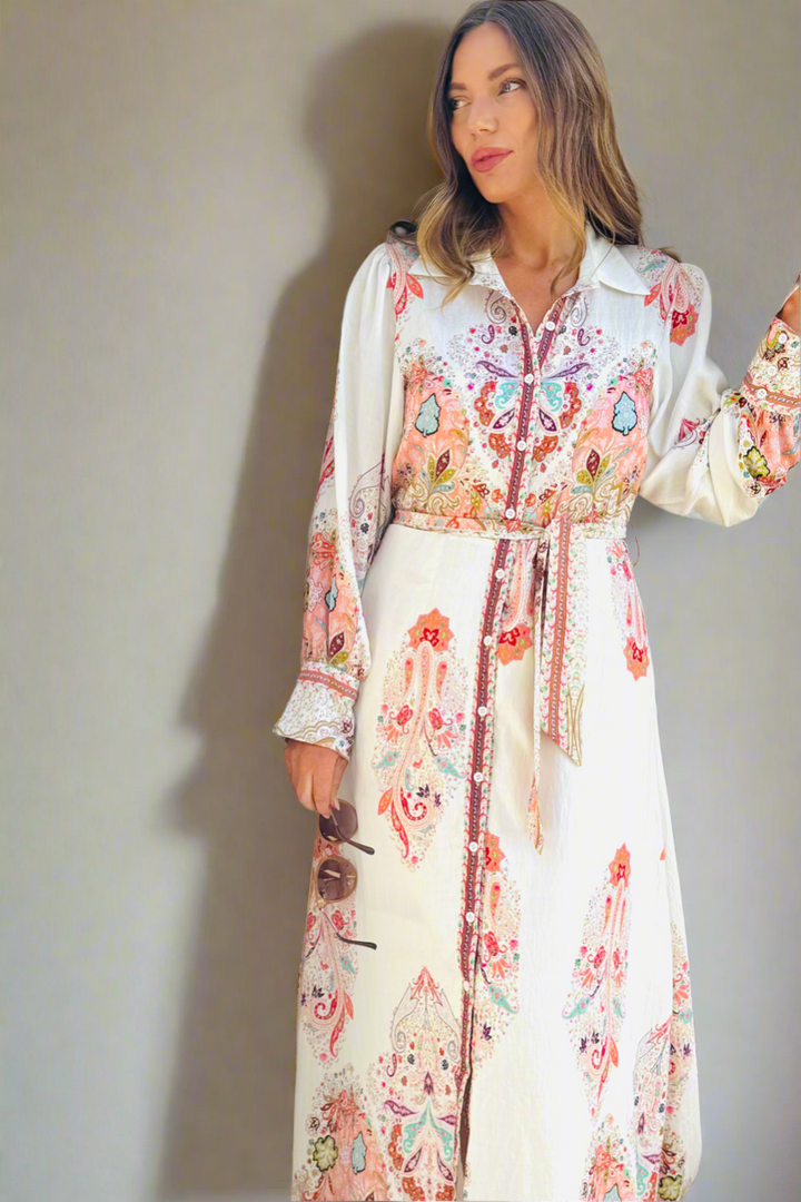 Gidget Embroidered Print Dress in Off White