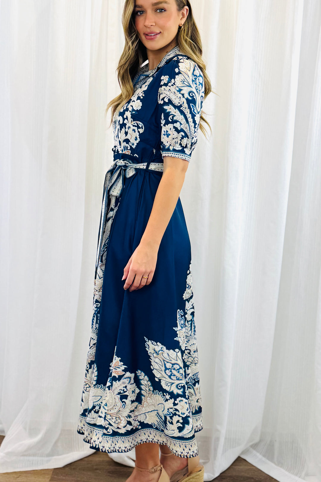 Lopez Embroidered Print Shirt Dress  In Navy