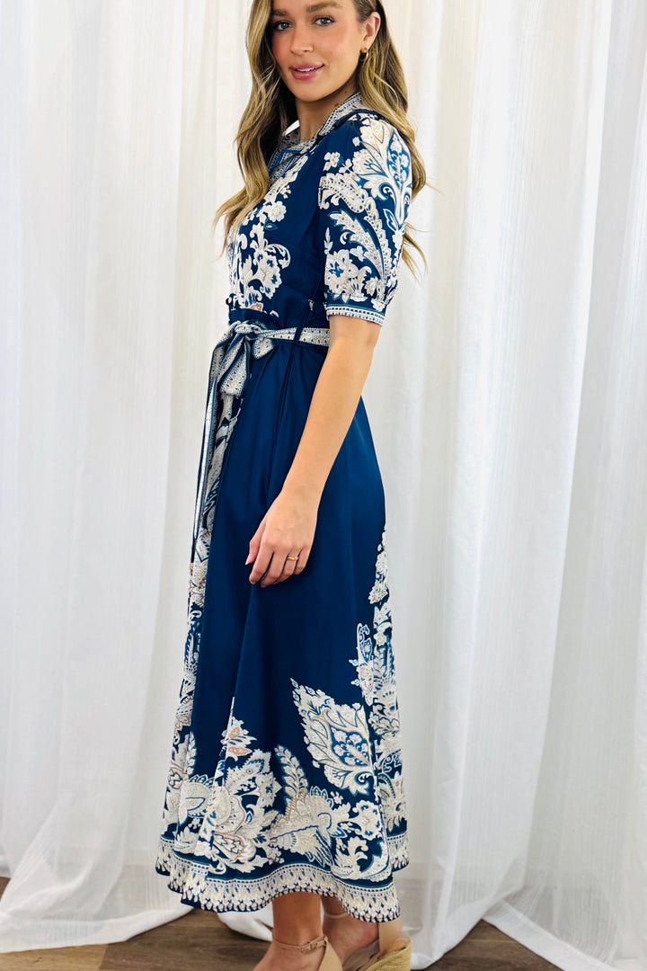 Lopez Embroidered Print Shirt Dress  In Navy