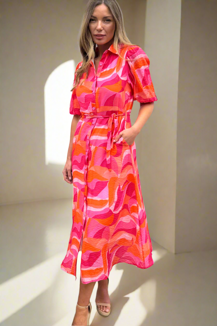 Fallon Shirt Dress In Pink and Orange Multi Print-Coming Soon