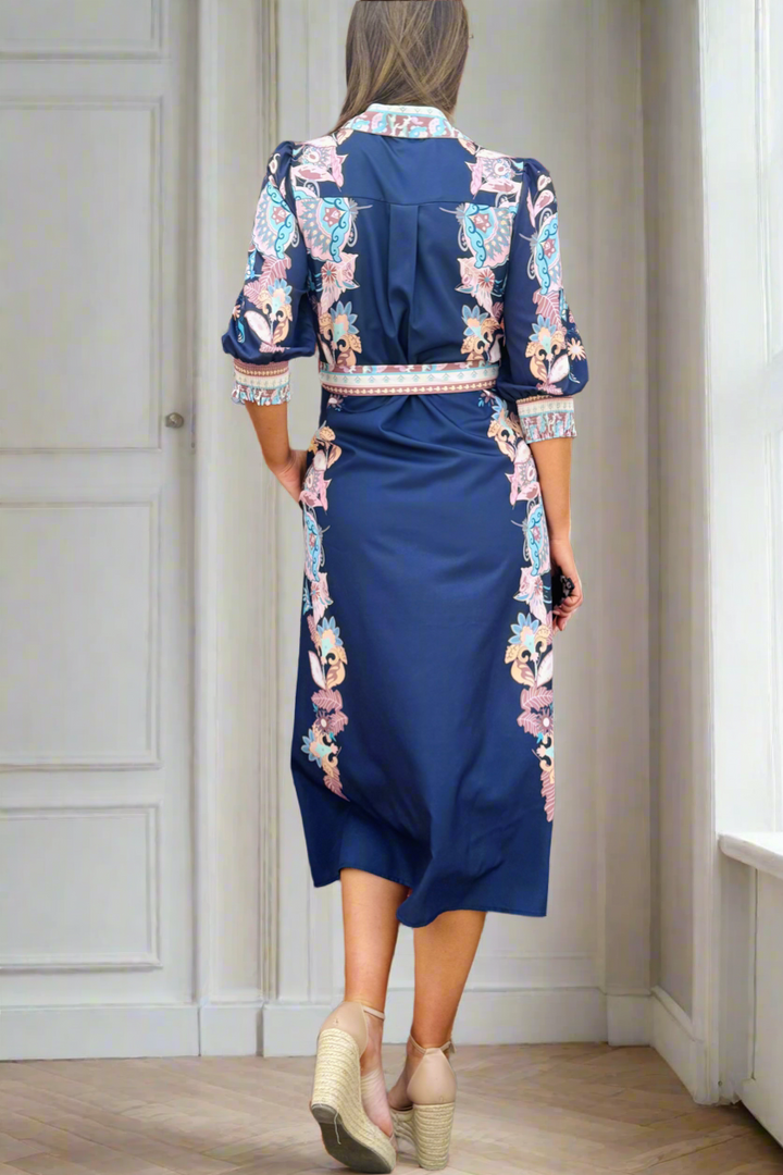 Claudine Midi Print Dress in Navy Print