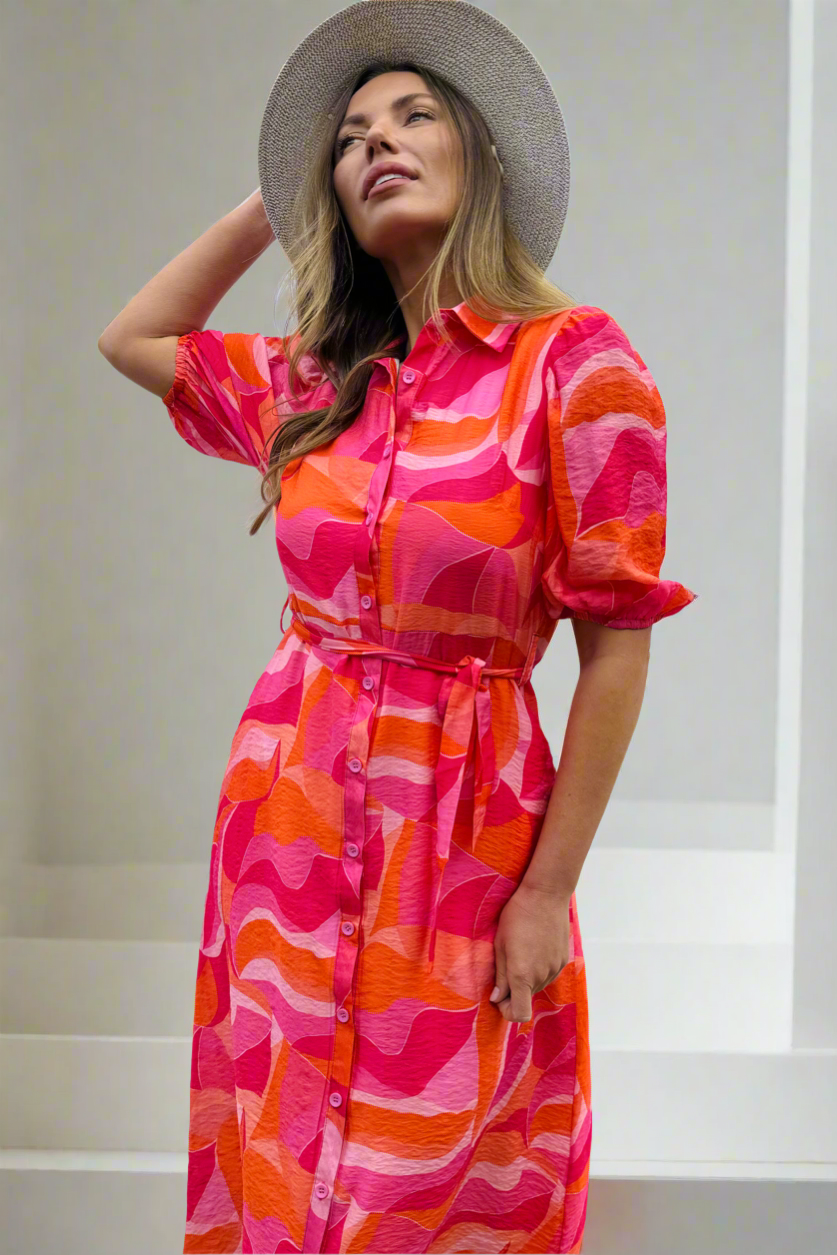 Fallon Shirt Dress In Pink and Orange Multi Print-Coming Soon