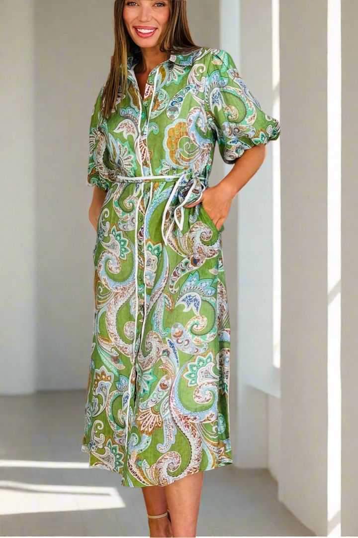 Leah Paisley Dress in Green Print