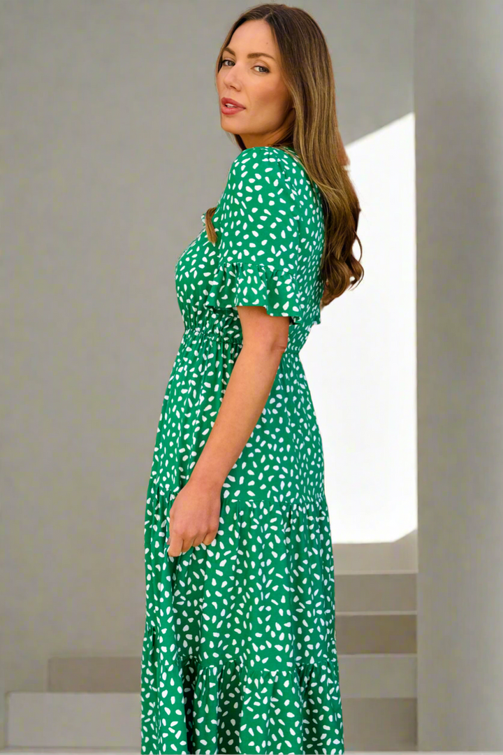Jeannie Midi Dress  in Apple Green and White