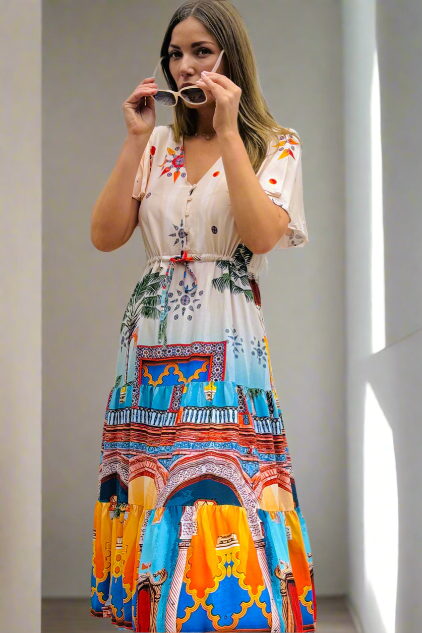 Aly Drawstring Midi in Multi Print