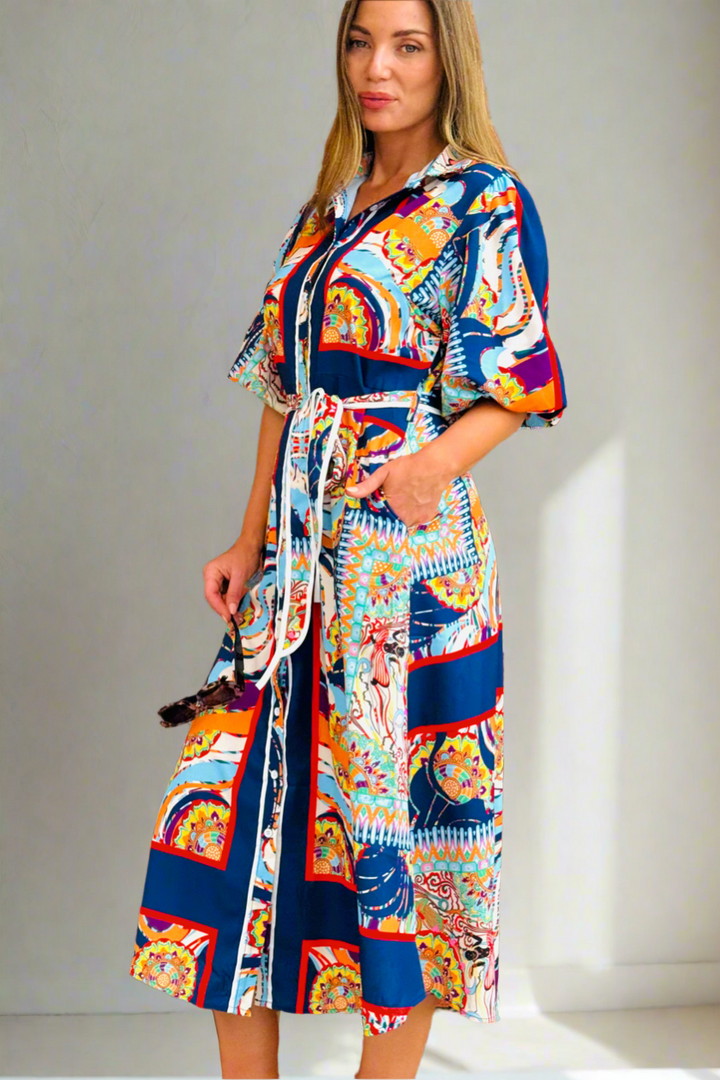 Jasmine Shirt Style Maxi Dress in Multicolour Print