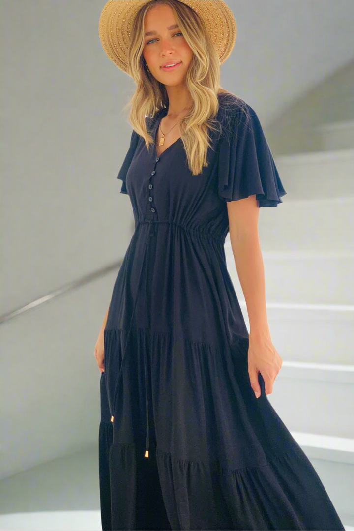 Santorini Short Sleeve Midi Dress in Black