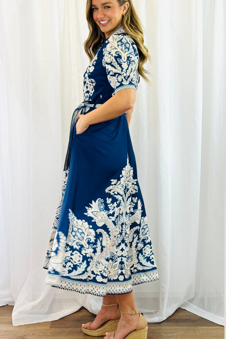 Lopez Embroidered Print Shirt Dress  In Navy