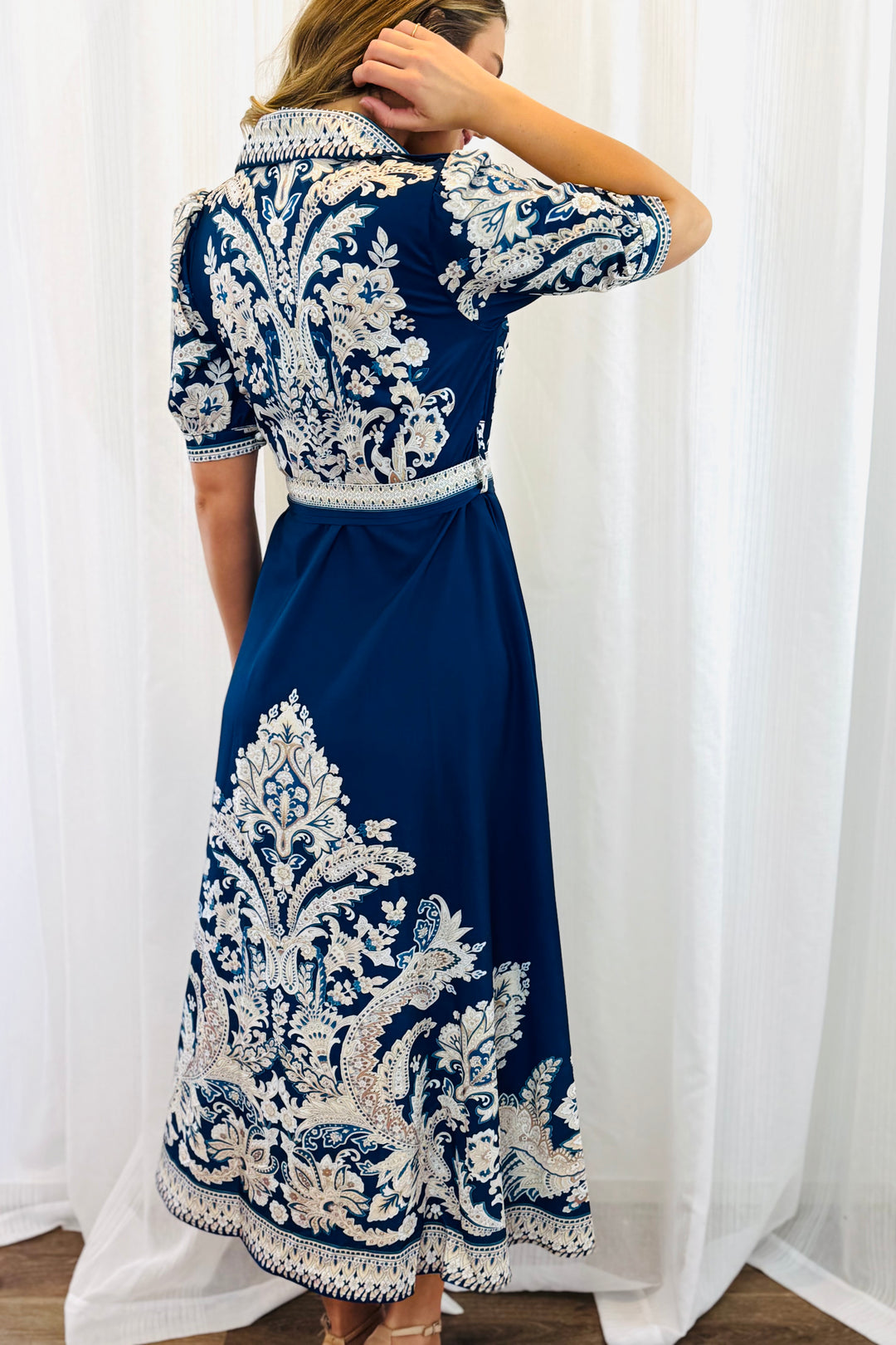 Lopez Embroidered Print Shirt Dress  In Navy