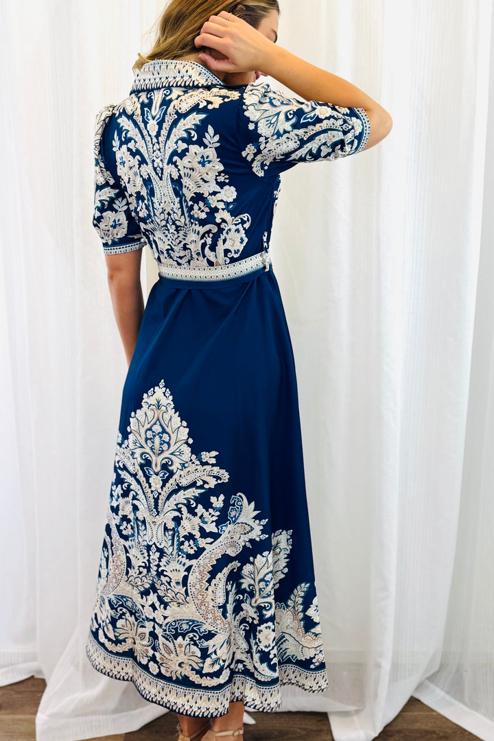 Lopez Embroidered Print Shirt Dress  In Navy