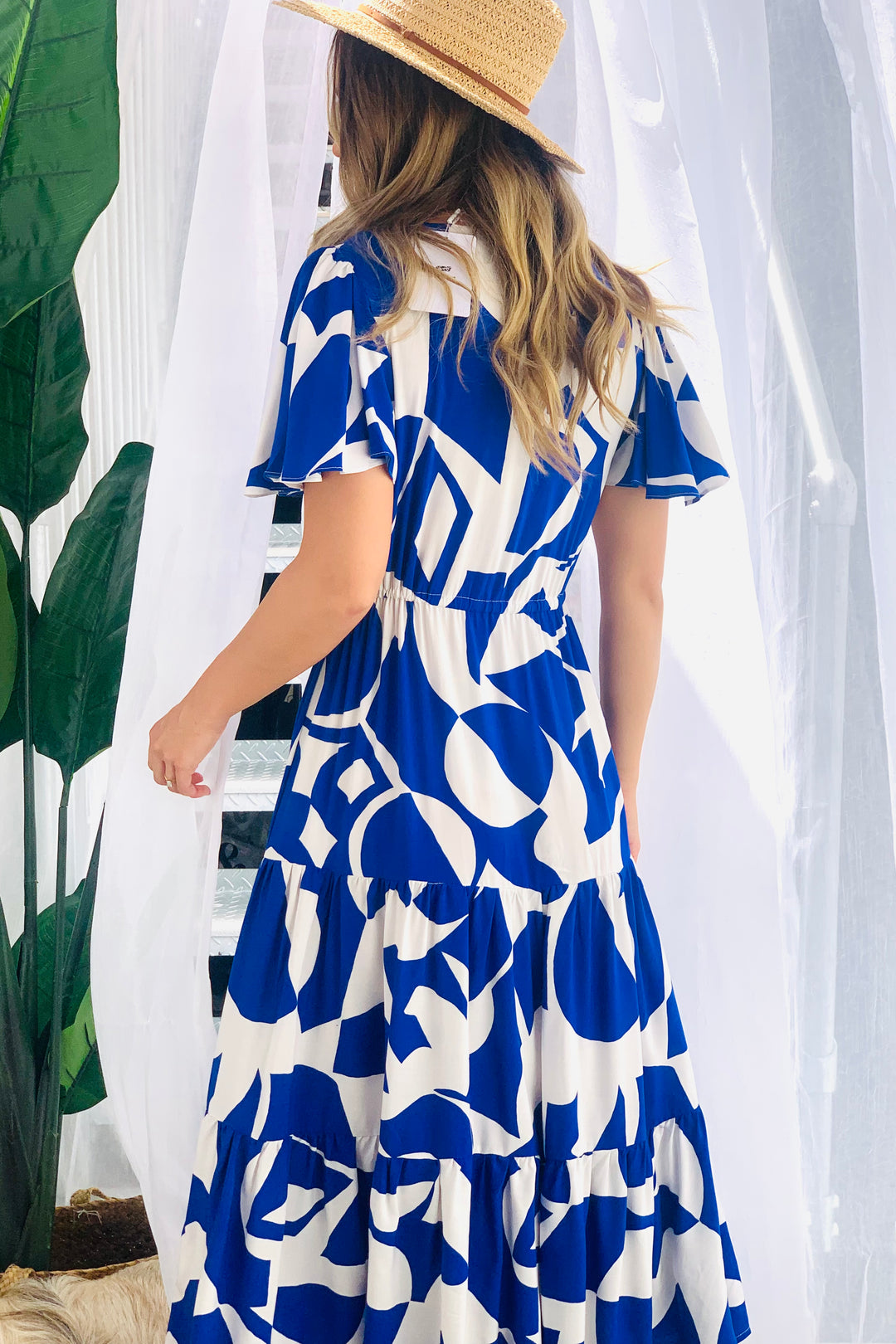 Santorini Midi Dress in Blue and White Print
