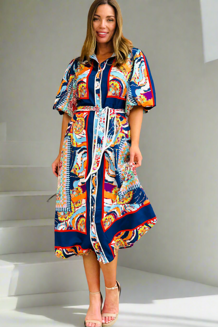 Jasmine Shirt Style Maxi Dress in Multicolour Print