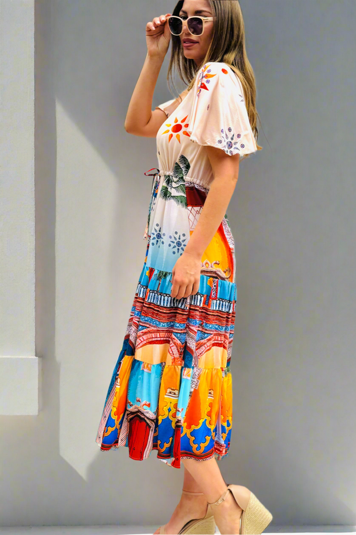 Aly Drawstring Midi in Multi Print