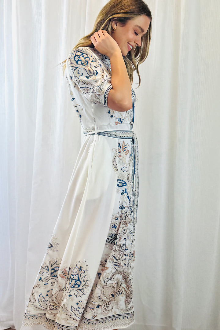 Lopez Embroidered Print Dress  in White