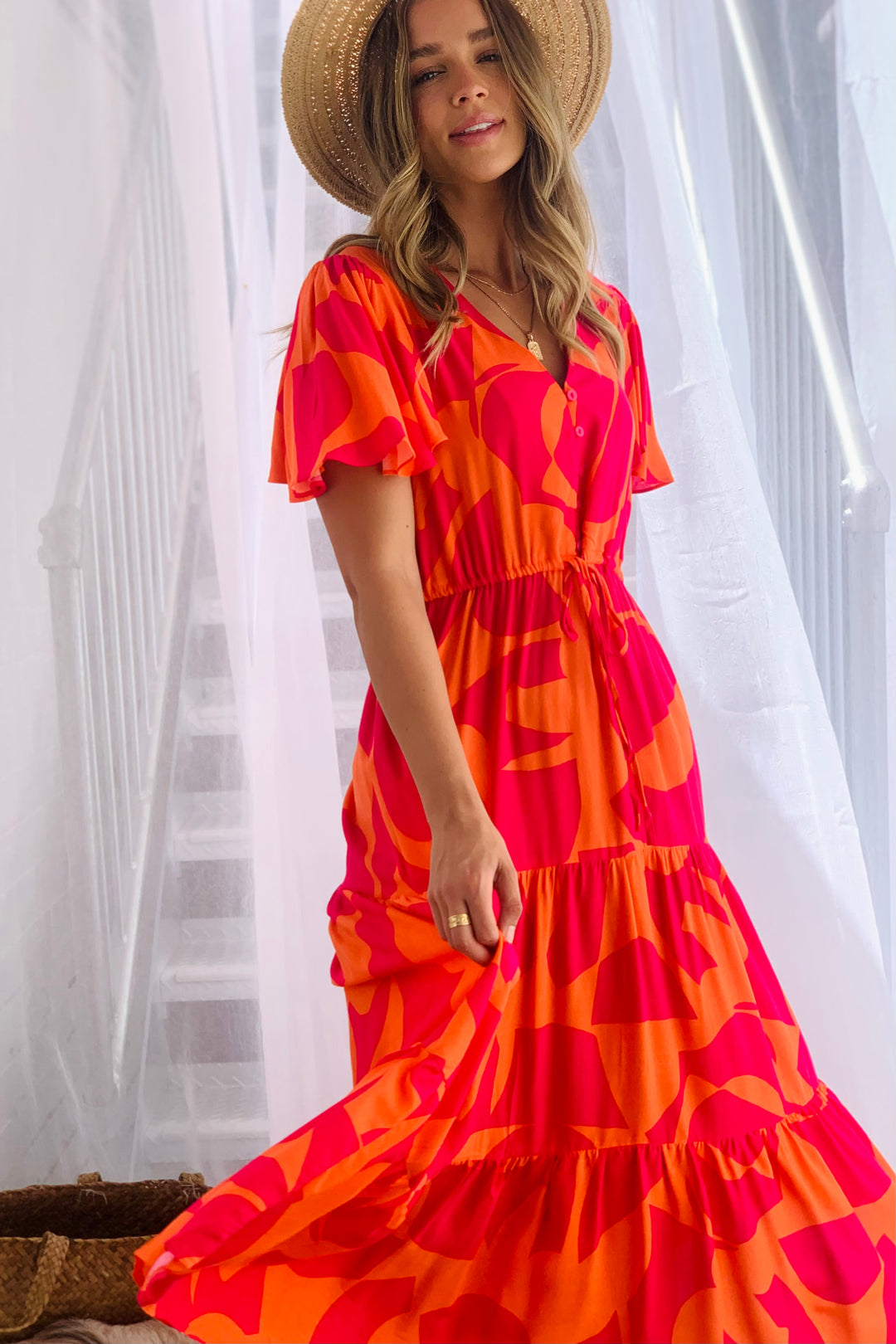 Santorini Midi Dress  in Orange and Hot Pink