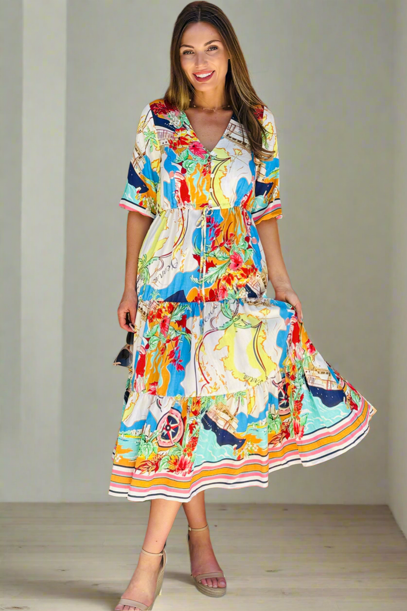 Sorrento Multi Print Drawstring Midi Dress