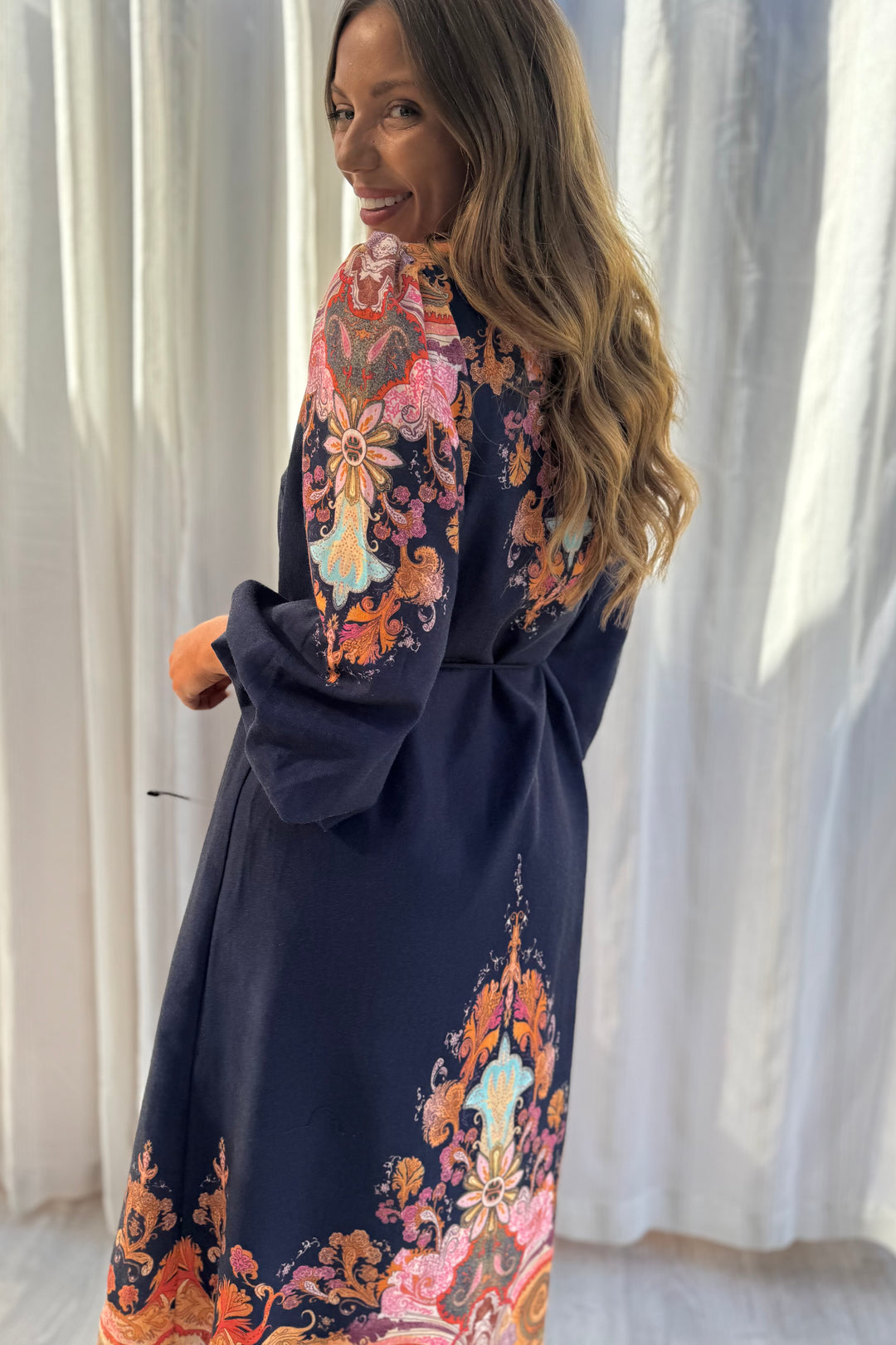 Alani Navy Embroidered Print Midi Dress