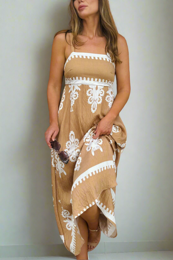 Positano Embroidery Print Maxi Dress in Latte and White