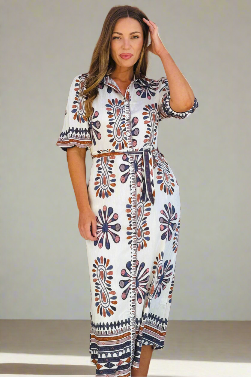 Campbell Midi Shirt Dress in Off White and Dark Navy Print
