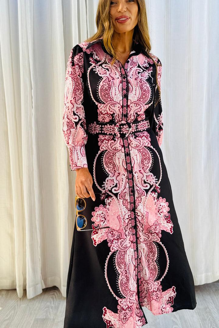 Eden Shirt Dress in Dark Navy With Pink Embroidered Print