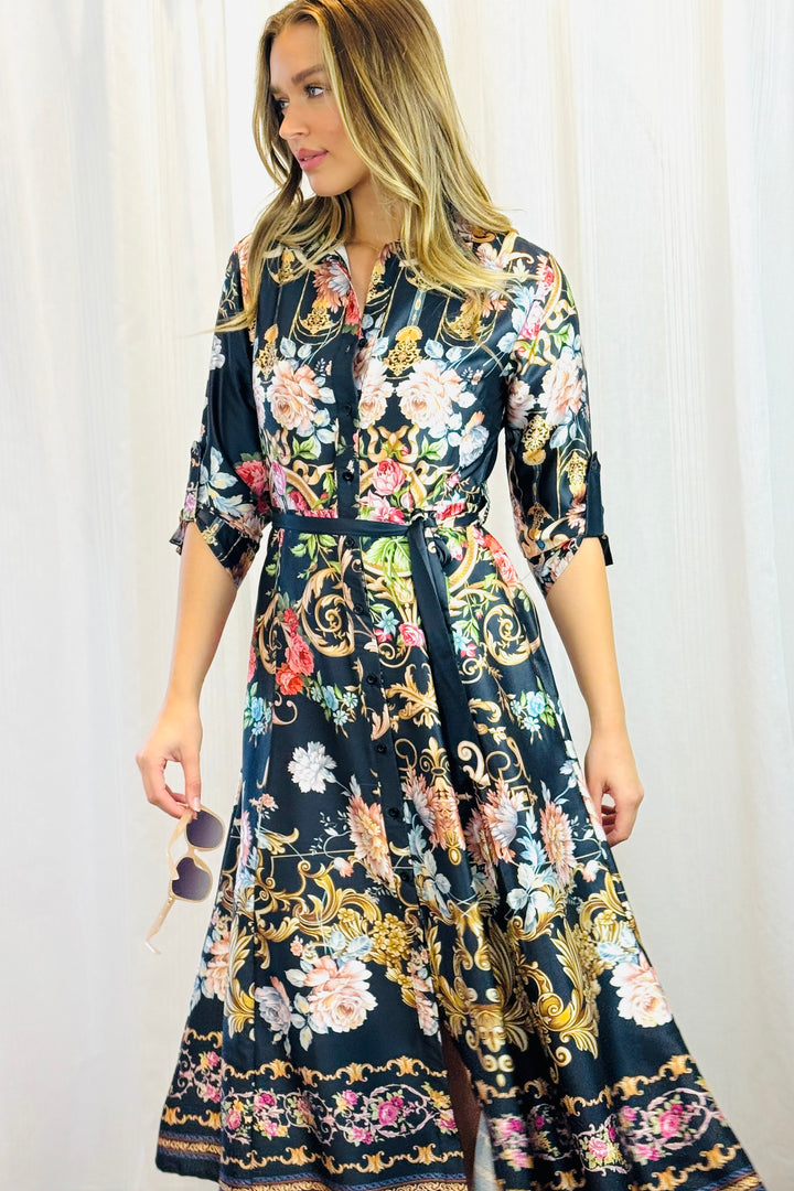 Mileaka Dress in Black With Floral Multi Print.