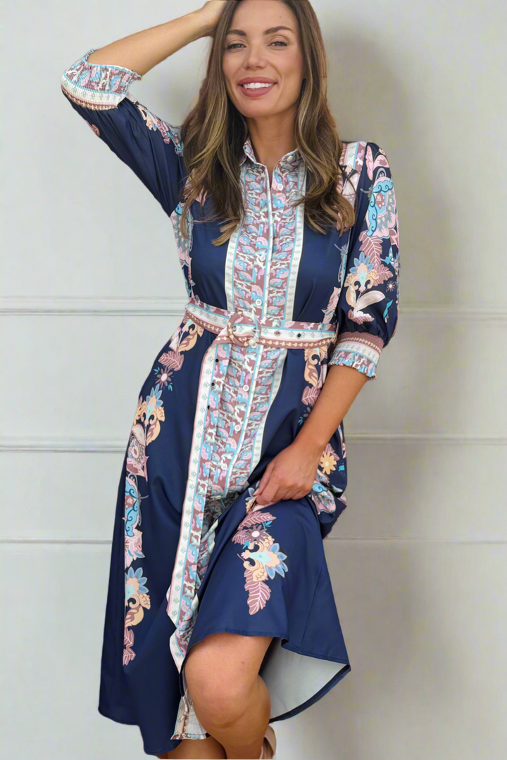 Claudine Midi Print Dress in Navy Print