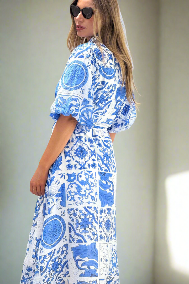 Leah  Dress in Blue and White Print