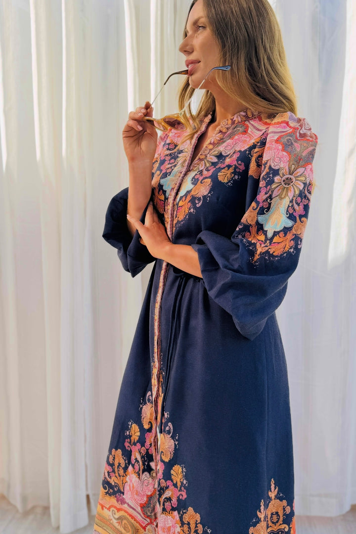 Alani Navy Embroidered Print Midi Dress
