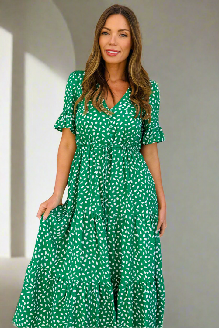 Jeannie Midi Dress  in Apple Green and White