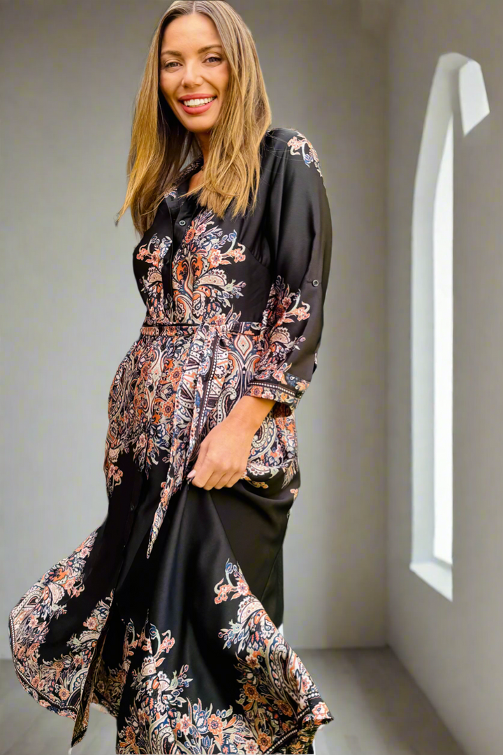 Madeline  Shirt Dress In Black Multi Print-New Arrival