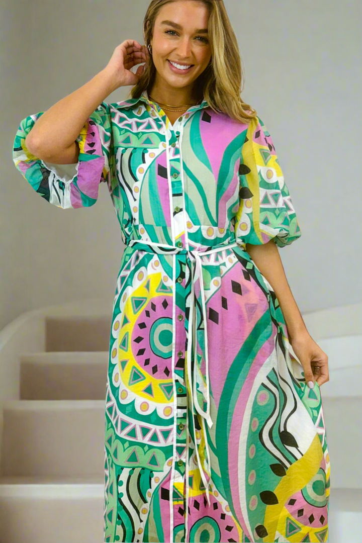 Leah Dress in Mint Colour Print