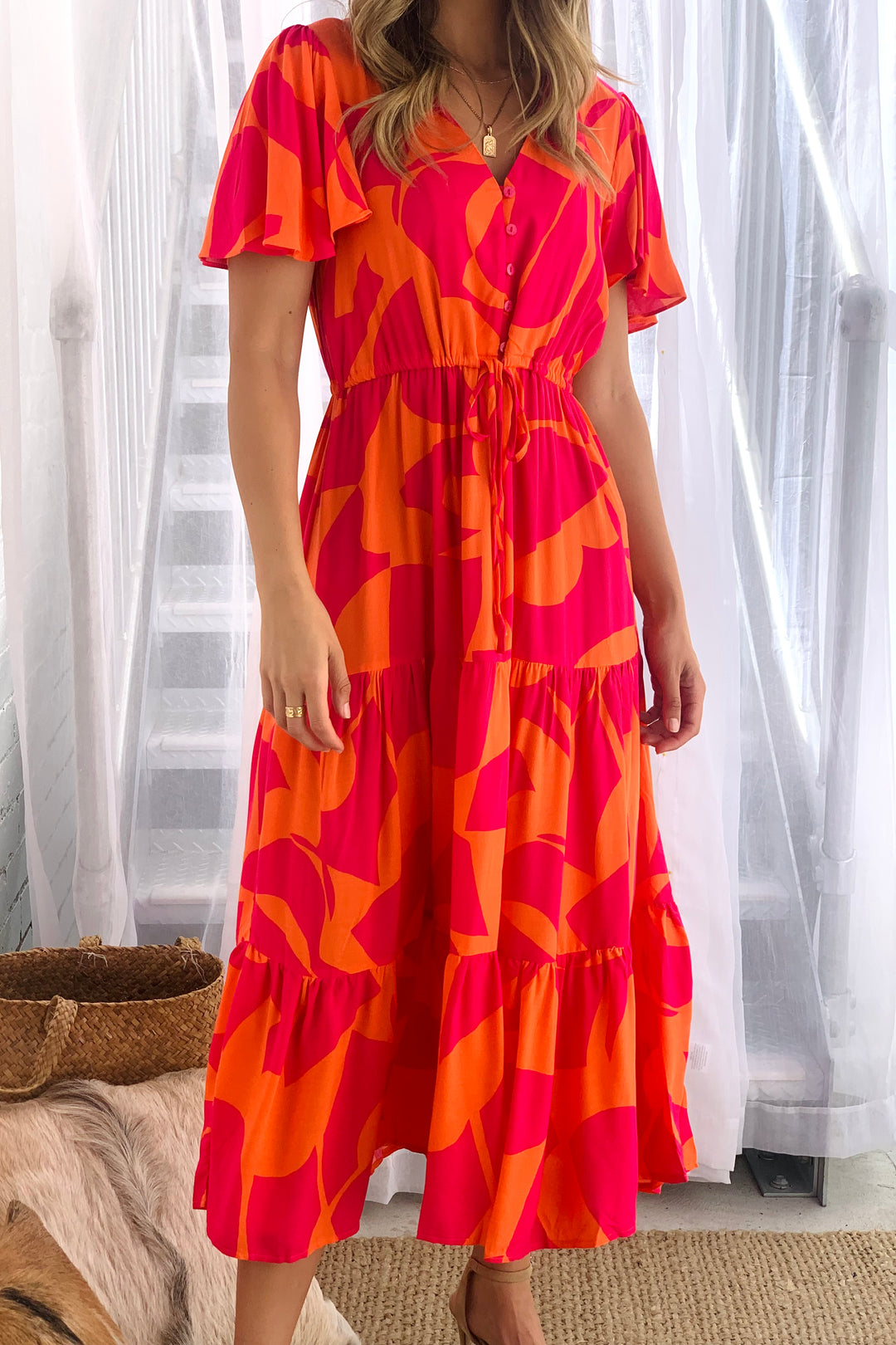 Santorini Midi Dress  in Orange and Hot Pink