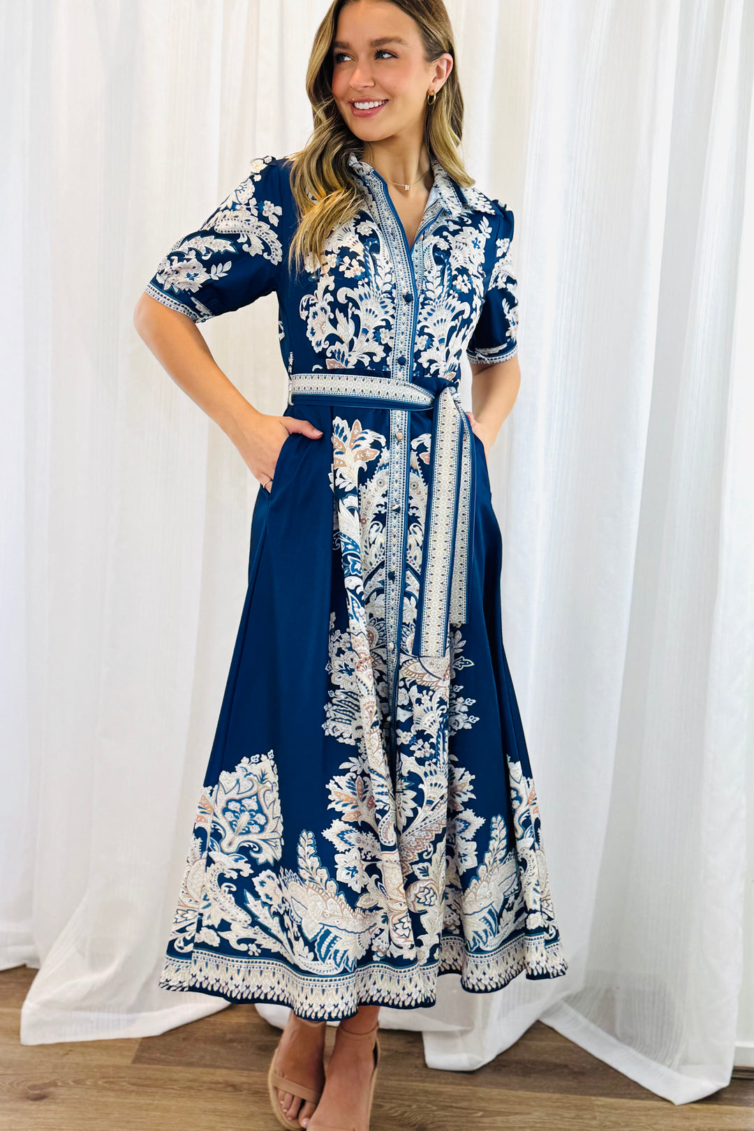 Lopez Embroidered Print Shirt Dress  In Navy