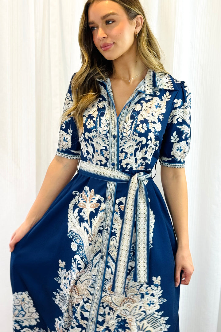 Lopez Embroidered Print Shirt Dress  In Navy