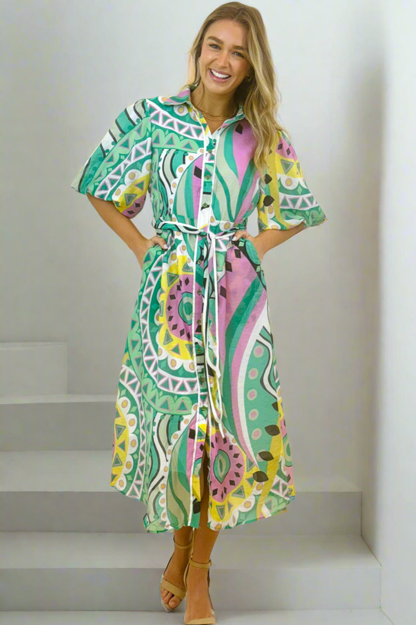 Leah Dress in Mint Colour Print