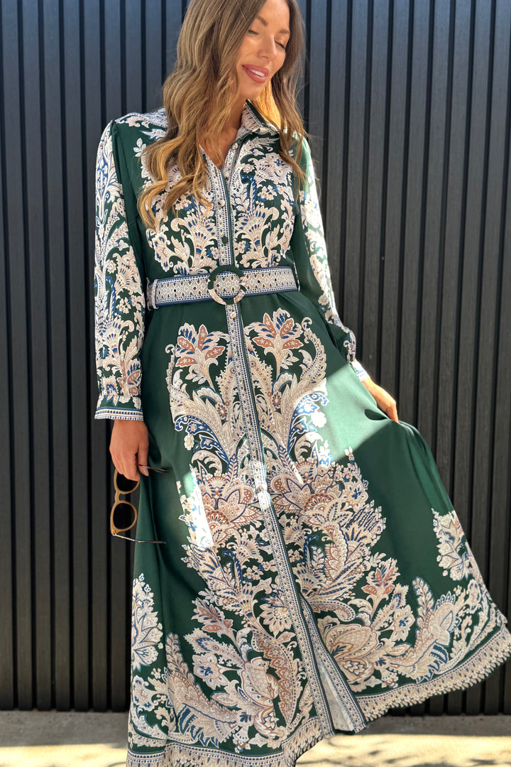 Lopez Long Sleeve Dress in Green Embroidered Print