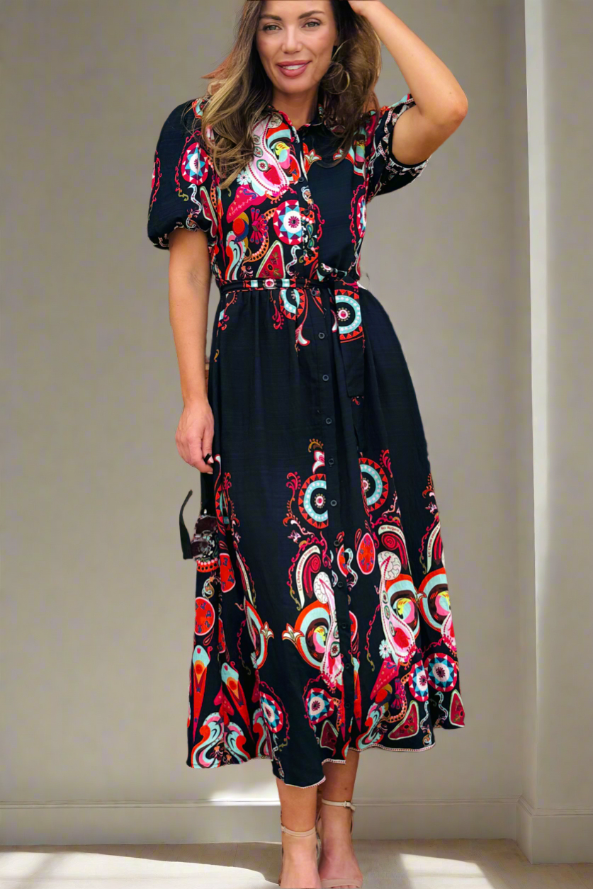 Ebony Printed Shirt Dress in Black Print