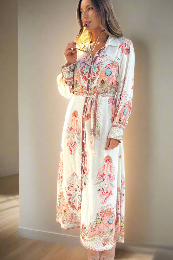 Gidget Embroidered Print Dress in Off White