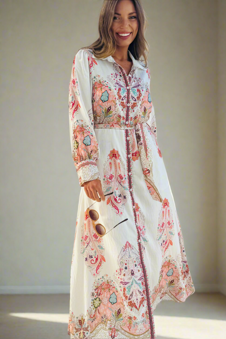 Gidget Embroidered Print Dress in Off White